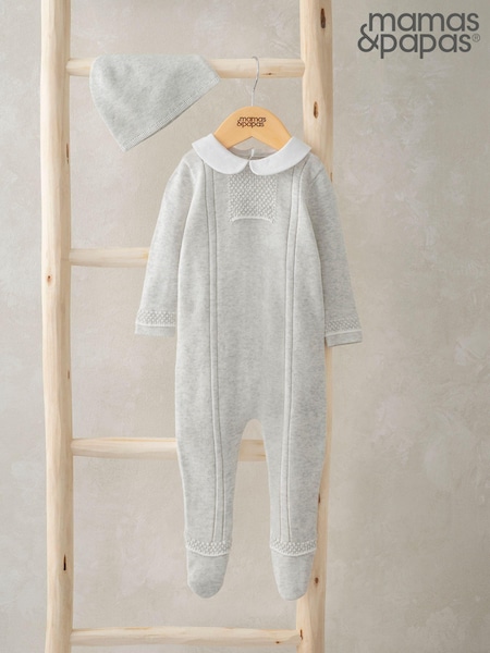 Mamas & Papas Grey Rib and Pearl Knitted 100% Cotton Sleepsuit with Hat (AV7460) | £39