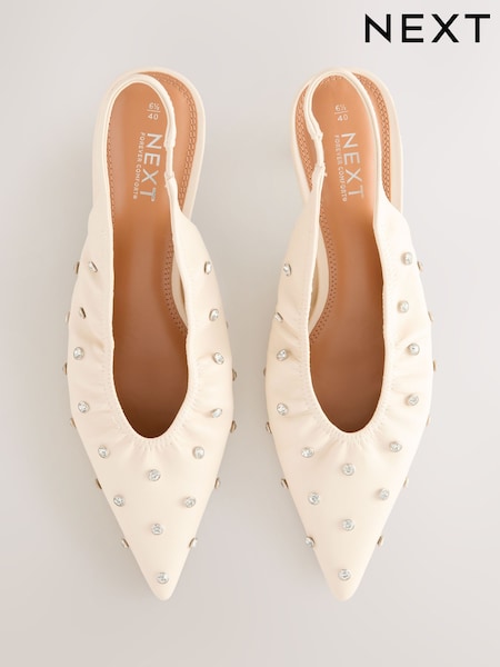 White Forever Comfort® Point Toe Stud Detail Slingback Low Heels (AV7538) | £42