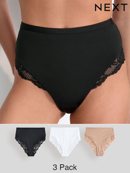 Black/White/Praline Nude High Rise High Leg Microfibre & Lace High Waist Knickers 3 Pack (AV7649) | £28