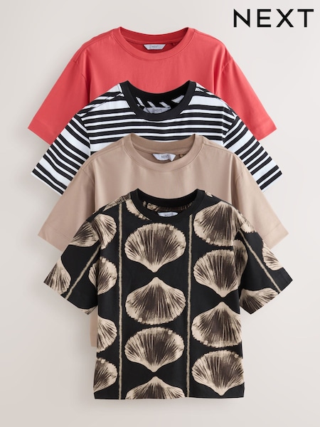 Red/Print/Stripe/Ecru Short Sleeve Crew Neck 100% Cotton T-Shirts 4 Pack (AV7661) | £46