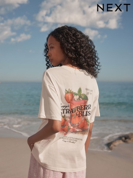 Ecru Offical Snoopy License Strawberry Back Graphic Short Sleeve Crew Neck 100% Cotton T-Shirt (AV7662) | £20