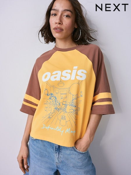 Yellow/Brown Official Oasis License Raglan Elbow Colour Block Graphic T-Shirt (AV7668) | £28