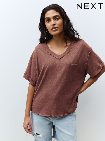 Chocolate Brown Oversized V-Neck Short Sleeve T-Shirt (AV7669) | £18