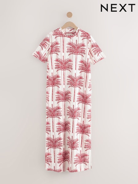 Ecru/Red Palm Print Heavyweight Short Sleeve Crew Neck Maxi T-Shirt Dress (AV7670) | £29