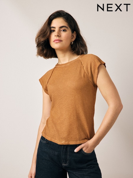 Tan Brown Washed Open Seam Detailing Raglan Short Sleeve Crew Neck T-Shirt (AV7671) | £18