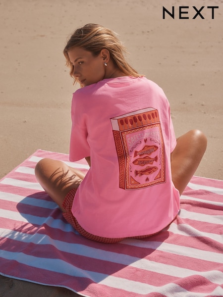 Fluro Pink Oversized Sardine Matchbox Graphic Short Sleeve Crew Neck 100% Cotton T-Shirt (AV7678) | £22