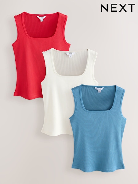 Red/White/Blue Ribbed Sqaure Neck Sleeveless Vests 3 Pack (AV7682) | £48