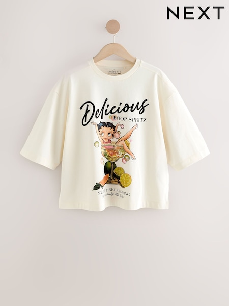 White Official Betty Boop License Graphic Boxy Short Sleeve 100% Cotton T-Shirt (AV7693) | £24