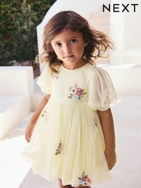 Lemon Yellow Bubble Hem Embroidered Mesh Dress (3mths-8yrs) (AV7736) | £23 - £29