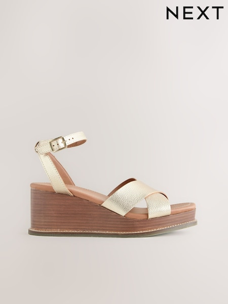 Metallic Forever Comfort® Leather Square Toe Cross-Over Detail Wedges (AV7757) | £55