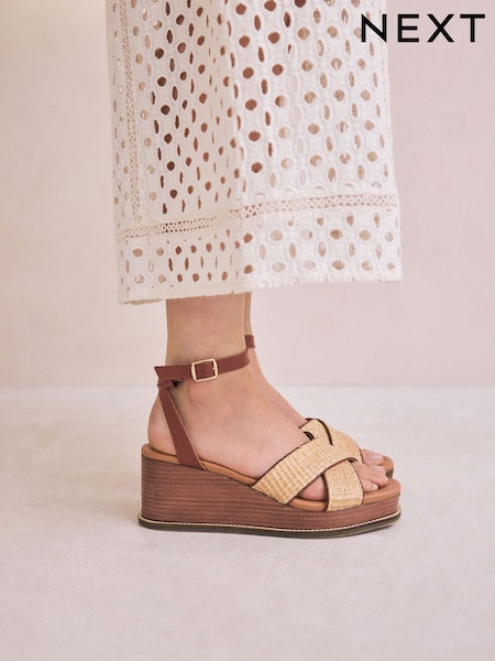 Neutral Raffia Forever Comfort® Leather Square Toe Cross-Over Detail Wedges (AV7758) | £55