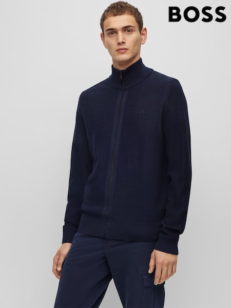 BOSS Blue Embroidered Logo Wool Blend Knitted 100% Cotton Jacket (AV7802) | £159