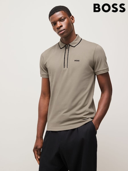 BOSS Beige Philix Tape Zip Neck Contrast Detail Knit Polo Shirt (AV7816) | £99
