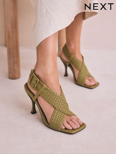 Khaki Green Forever Comfort® Square Toe Weave Cross-Over Slingback Heels (AV7898) | £46
