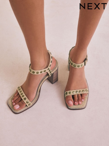 Sand Forever Comfort® Leather Square Toe Hardware Detail Block Sandals (AV7917) | £48