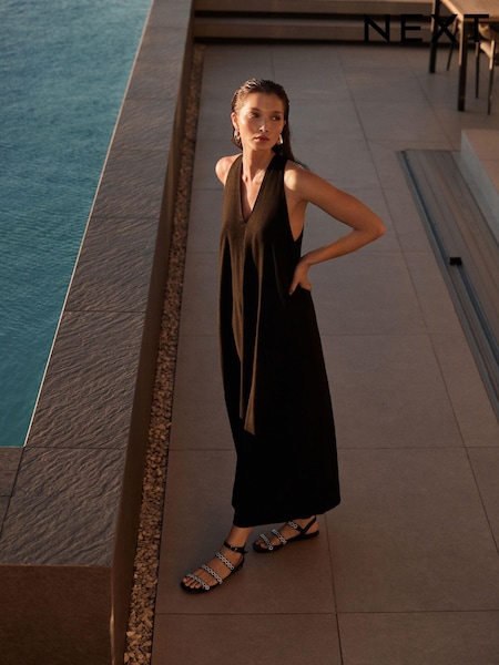 Black Halterneck Maxi Dress With Linen (AV8001) | £34