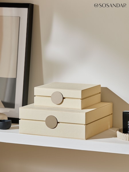 Sosandar Set of 2 Cream Faux Leather Storage Boxes (AV8204) | £50