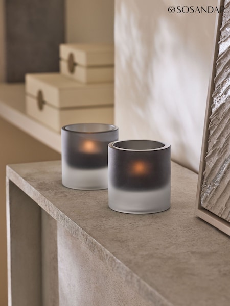 Sosandar Set of 2 Charcoal Grey Frosted Glass Tea Light Holders (AV8207) | £18