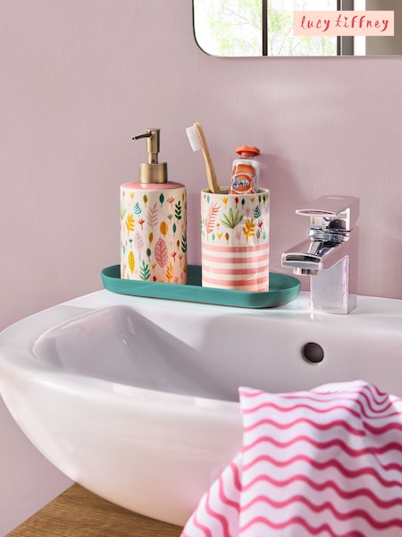 Lucy Tiffney Cream/Pink/Green Leaf Soap Dispenser and Toothbrush Tidy Set (AV8225) | £25
