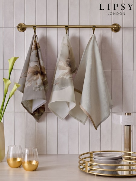 Lipsy Set of 3 Cream Mauve Tea Towels (AV8241) | £22
