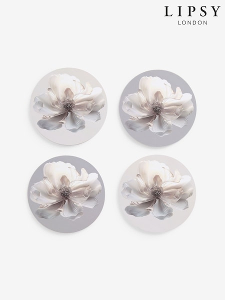 Lipsy Set of 4 Cream Mauve Corkback Floral Print Coasters (AV8244) | £10