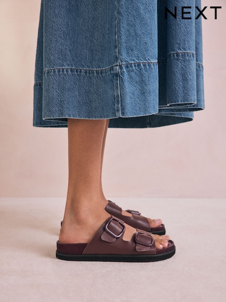 Burgundy Red Leather Forever Comfort® Premium Double Strap Footbed Sandals (AV8275) | £34