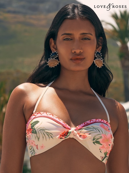 Love & Roses Pink Tropical Printed Bandeau Bikini Top (AV8337) | £28