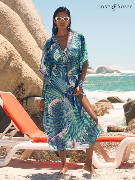 Love & Roses Blue Petite Palm Print Embellished Maxi Kaftan (AV8348) | £48