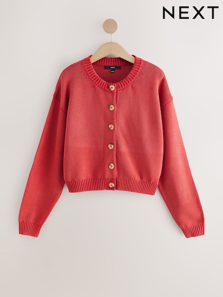 Red 100% Cotton Washed Crew Neck Cardigan (AV8388) | £37