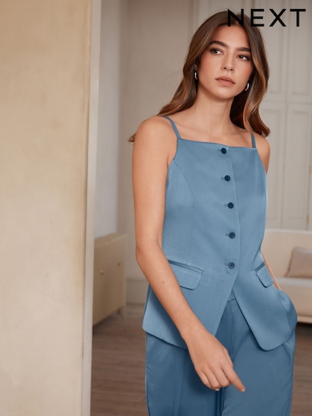 Blue Satin Square Neck Button Through Waistcoat (AV8389) | £38