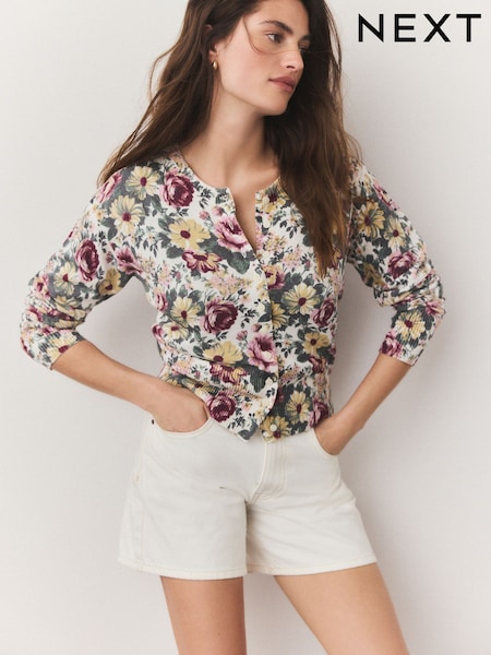 Floral Print Crew Neck Soft Knit Button Co-Ord Cardigan (AV8390) | £34