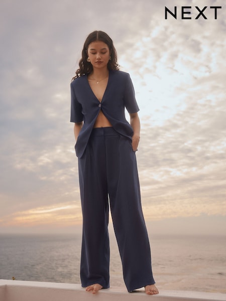 Navy Elastic Back Wide Leg Trousers with Linen (AV8394) | £32