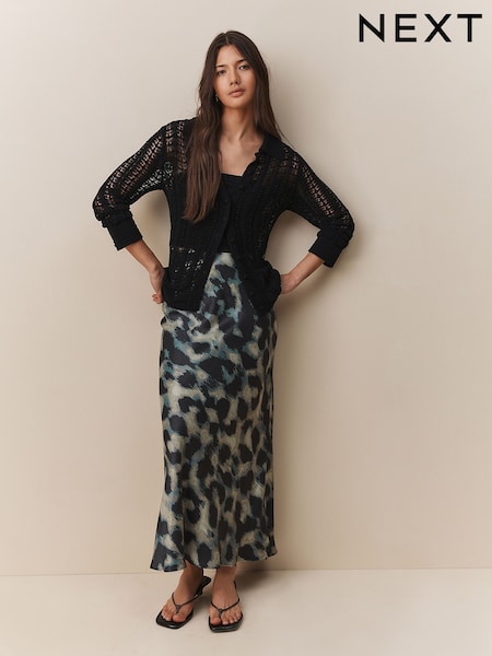 Neutral Smudge Print Satin Midi Skirt (AV8396) | £35
