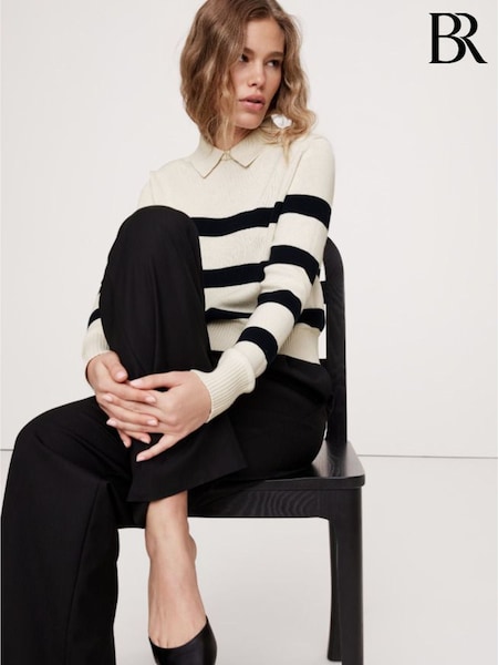 Banana Republic Cream Stripe Long Sleeve Cotton Silk Collar Top (AV8648) | £65