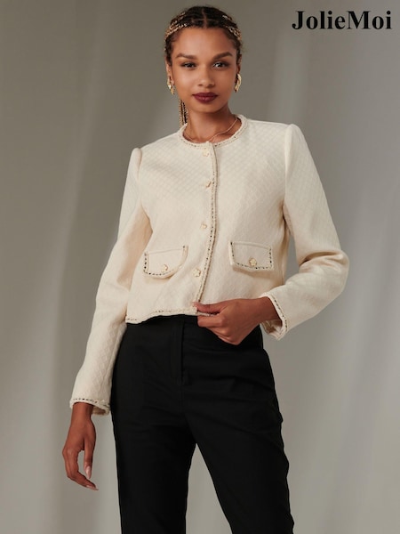 Jolie Moi Cream Cropped Vintage Jacket (AV8742) | £65