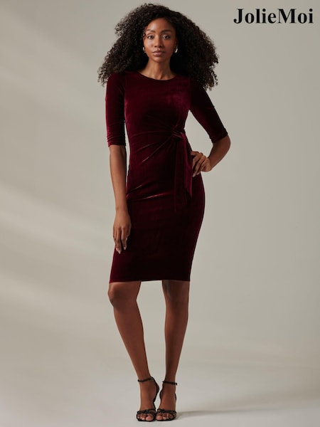 Jolie Moi Red Velvet Side Tie Midi Dress (AV8779) | £68