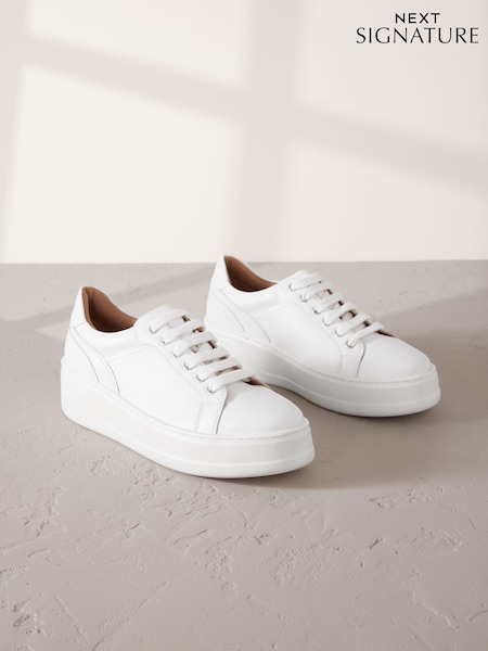 White Lace Up Signature Premium Leather Chunky Wedge Lace-Up Trainers (AV8799) | £54