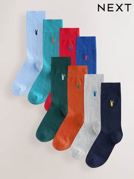 Blue/Red/Green Contrast Stag Embroidered Socks 8 Pack (AV8908) | £26