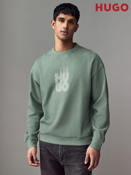 HUGO Green Stacked Smoke Logo Print Ribbed Cotton Sweatshirt (AV9222) | £129