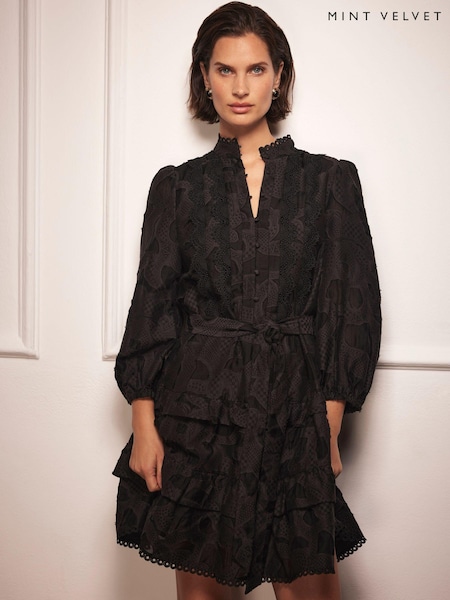 Mint Velvet Black Mini Jacquard Frill Dress (AW0056) | £160