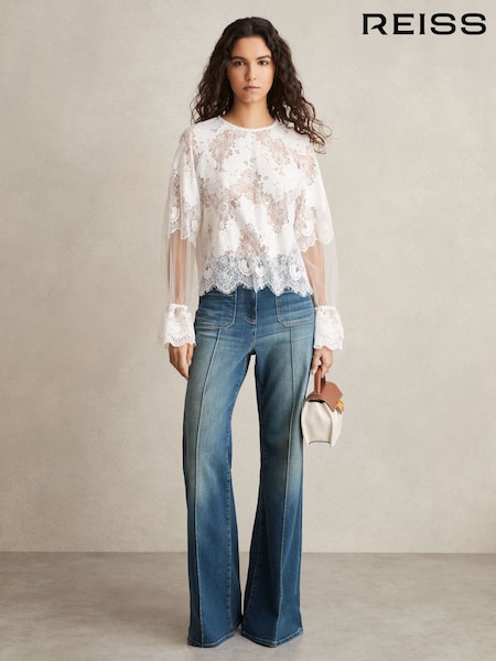 Reiss Ivory Emilia Lace Flared-Cuff Blouse (AW0077) | £170