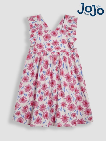 JoJo Maman Bébé Pink Floral Frill Shoulder Cross Back Dress (AW0100) | £23 - £24