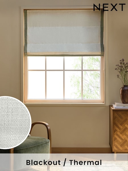 Natural/Green Ready Made Blackout Linen Blend Border Roman Blind (AW0133) | £55 - £115