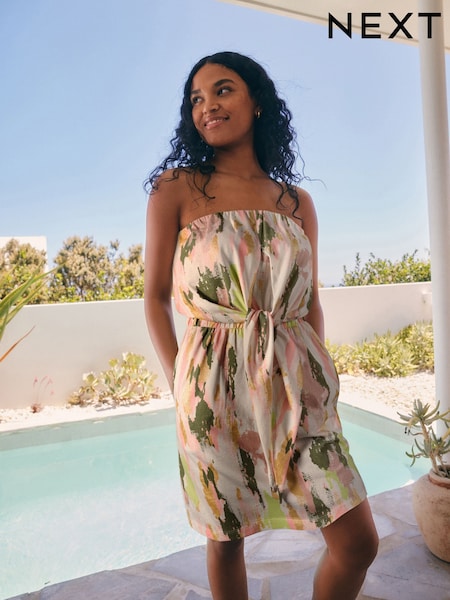 Green/White Jersey Bandeau Tie Front 100% Cotton Mini Dress (AW0159) | £28