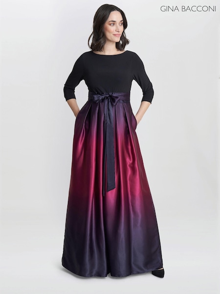 Gina Bacconi Purple Ingrid V-Neck Back Ombre Satin Maxi Dress (AW0255) | £290
