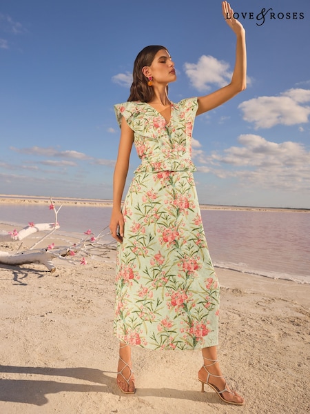 Love & Roses Green Floral Printed Broderie Peplum Ruffle Short Sleeve Midi Dress (AW0378) | £75