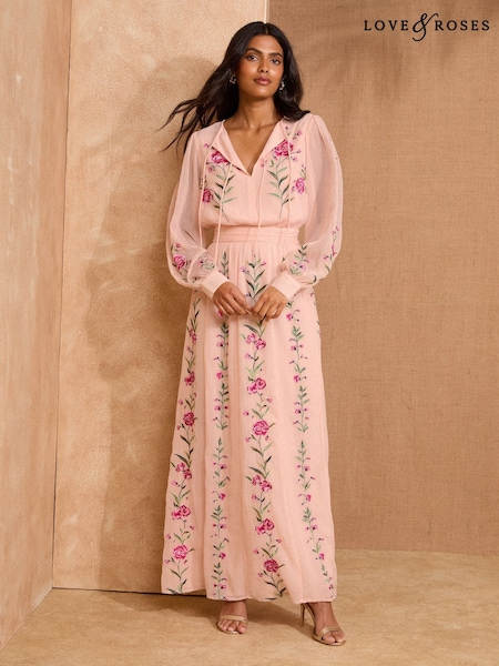 Love & Roses Pink Floral Embroidered Tie Detail Long Sleeve Maxi Dress (AW0405) | £165