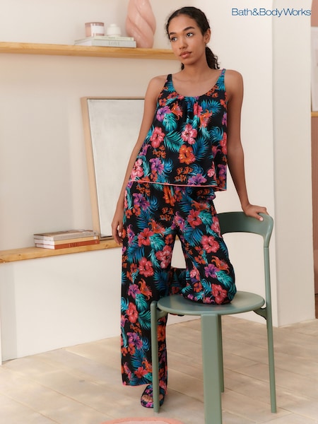 Bath & Body Works Black/Pink Hibiscus 100% Cotton Cami Pyjamas (AW0636) | £46