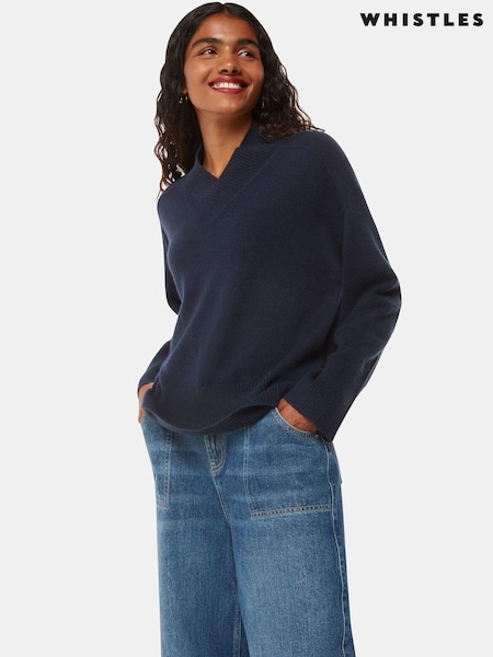Whistles Blue Petite Cashmere V-Neck Knit Jumper (AW0665) | £199