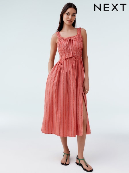 Pink/White Stripe Strappy Tie Front Midi Dress (AW0757) | £40